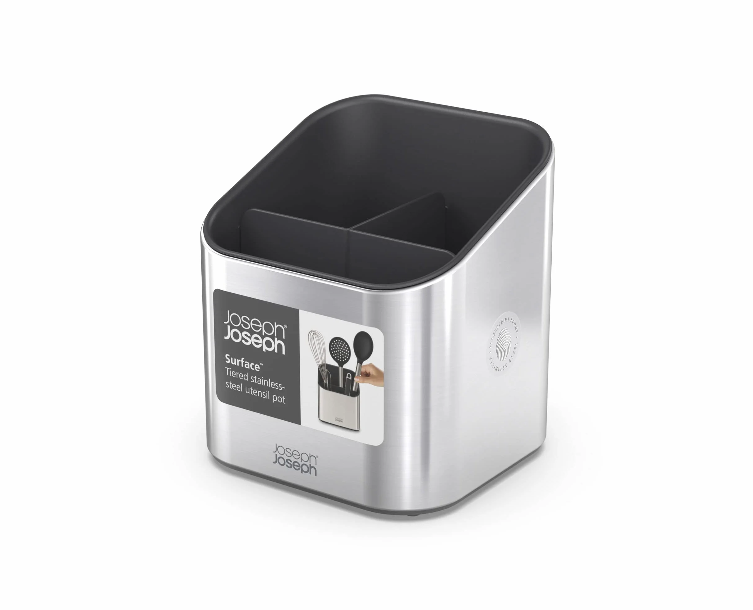 Joseph Joseph Surface - Portautensili in acciaio inossidabile con ampia capacità, piedini antiscivolo e divisori, portautensili e gadget da cucina a prova di impronte digitali - Grigio