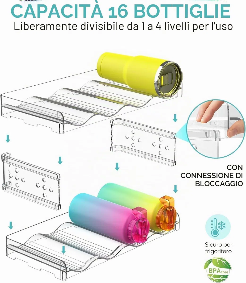 Portaborraccia impilabile per cucina, porta bottiglie di vino,dispensa, organizer per bottiglie d'acqua in plastica, per frigorifero, armadio da cucina, vino, 4 pezzi