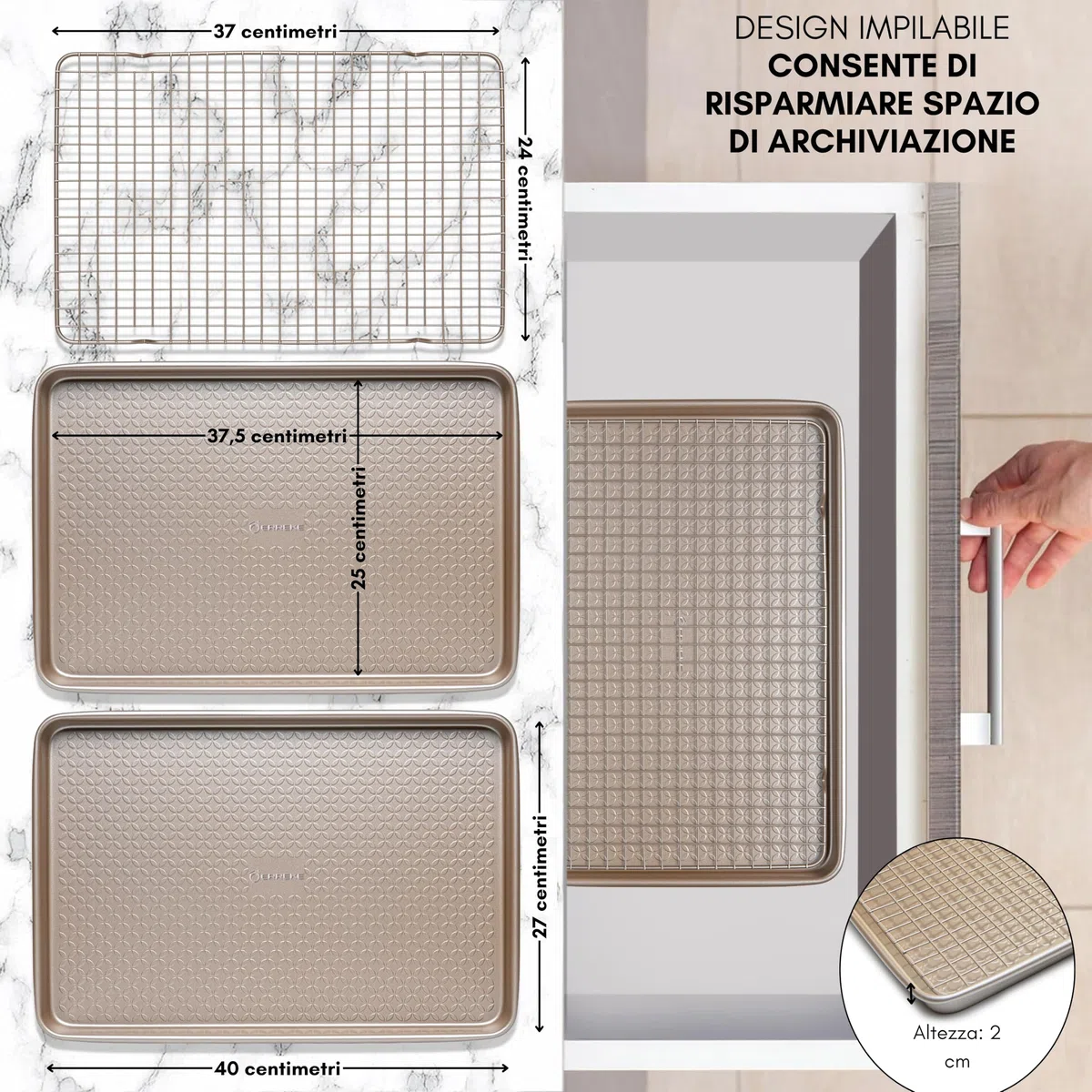 Erreke Set Teglie da Forno Antiaderenti con Griglia, 40x27cm Acciaio al Carbonio 0.8 mm Rettangolare, Ideale per Pizza, Biscotti, Pollo, Pesce e Verdure al Forno, Lavabile in Lavastoviglie, Robusto