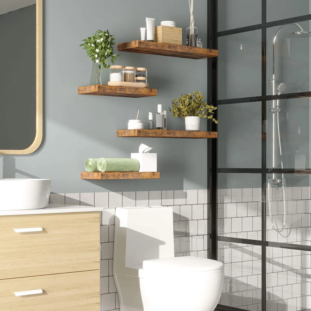 HOOBRO Set di 2 Mensole da Muro Sospese, Robuste Mensole da Parete Marrone Vintage, con Supporto Nascosto, 40 cm, per Bagno, Camera da Letto, Cucina, Ufficio, Soggiorno EBF40BJ01