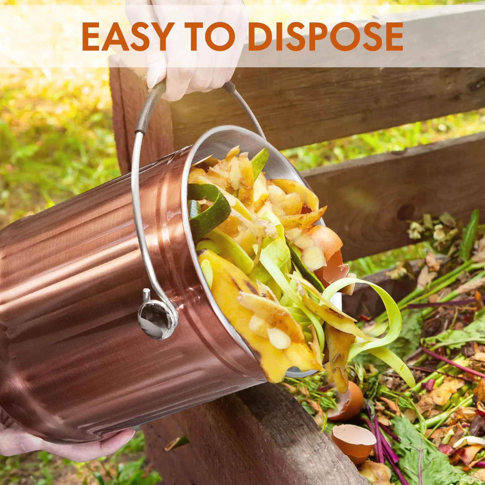 ENLOY Cestino per compost da piano di lavoro da cucina, secchio per compost in acciaio inossidabile color rame opaco da 4,9 litri con coperchio, secchio per rifiuti alimentari inodore con 2 filtri al