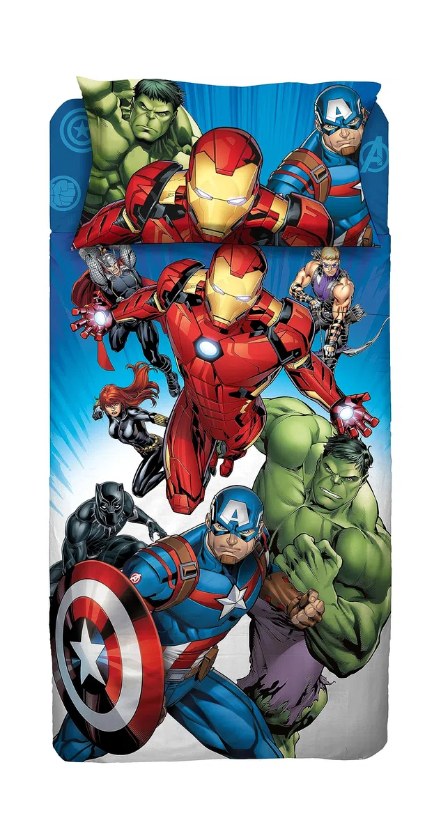 Avengers, Lenzuolo Letto Singolo, Completo Letto Singolo, Lenzuolo Sopra, Lenzuolo Con Angoli, Federa, Blu, Marvel, 100% Cotone, Prodotto Ufficiale