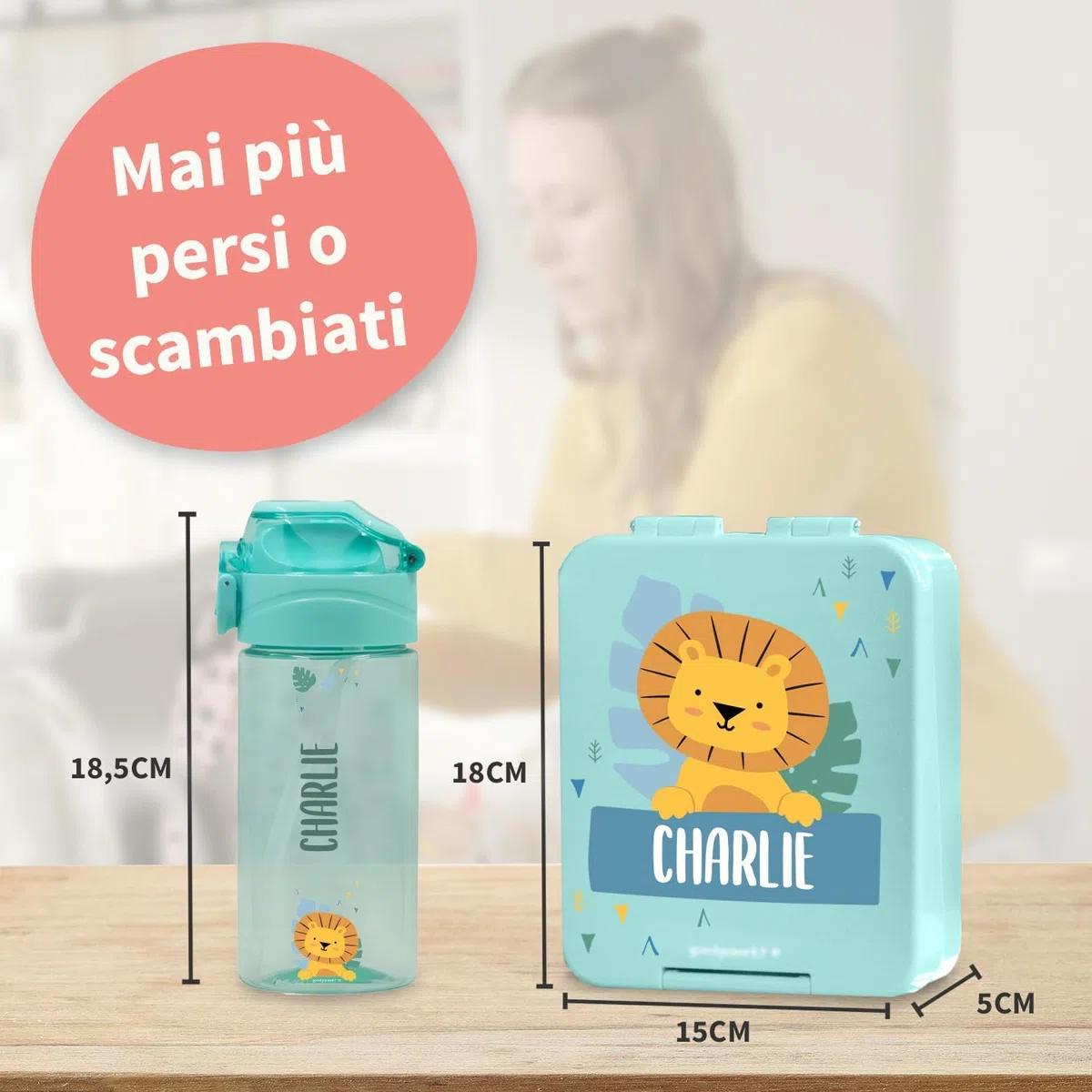 Stellasticker - Set con borraccia personalizzabile per bambini e porta pranzo/merenda personalizzato per bambini in plastica - Borraccia con cannuccia capacità 450 ml - Senza BPA (Azzurro)