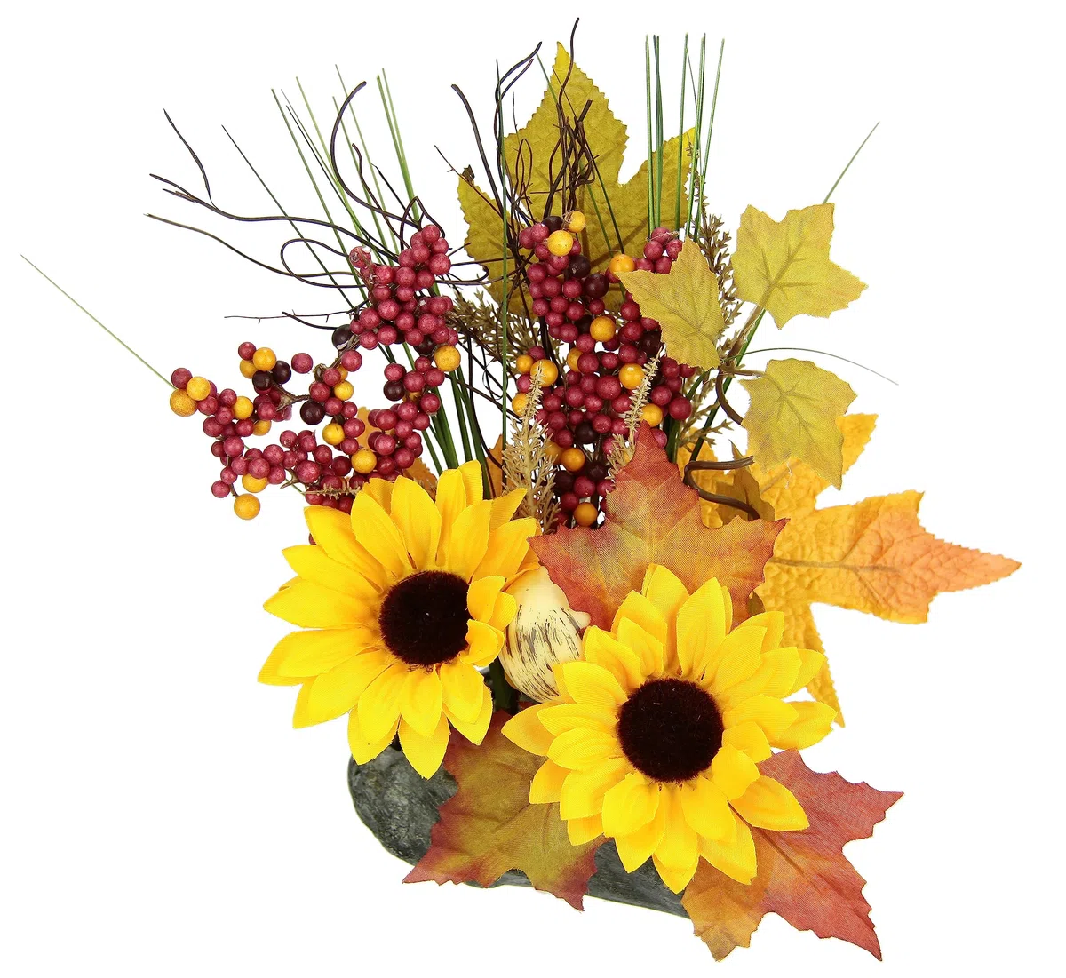 Composizione di girasoli su pietra, fiori artificiali, fiori artificiali, decorazione autunnale, decorazione per Halloween, giorno del Ringraziamento, autunno, pianta artificiale, centrotavola da