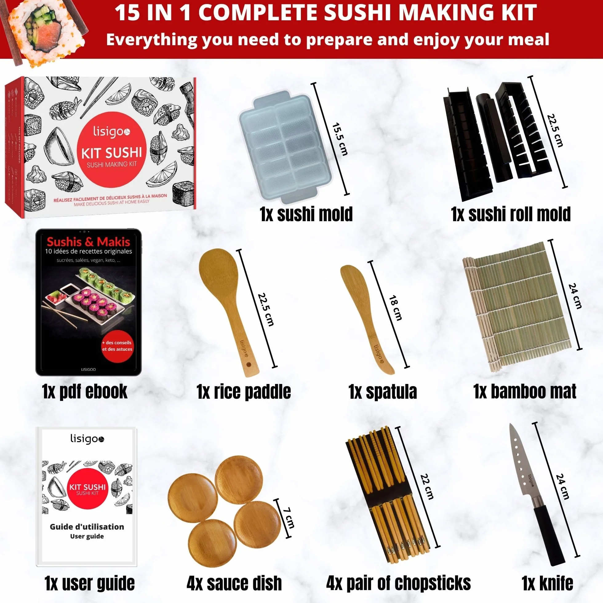 Kit sushi maki maker completo – Apparecchio per produzione di sushi makis – Cofanetto con stuoia in bambù, coltello giapponese, bacchette, stampo per maki, senza BPA – idea regalo uomo donna