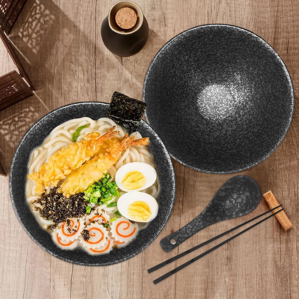 Ramen - Ciotola in ceramica, 2 ciotole da 1200 ml, in ceramica, con bacchette e cucchiai, 2 set di ciotole giapponesi