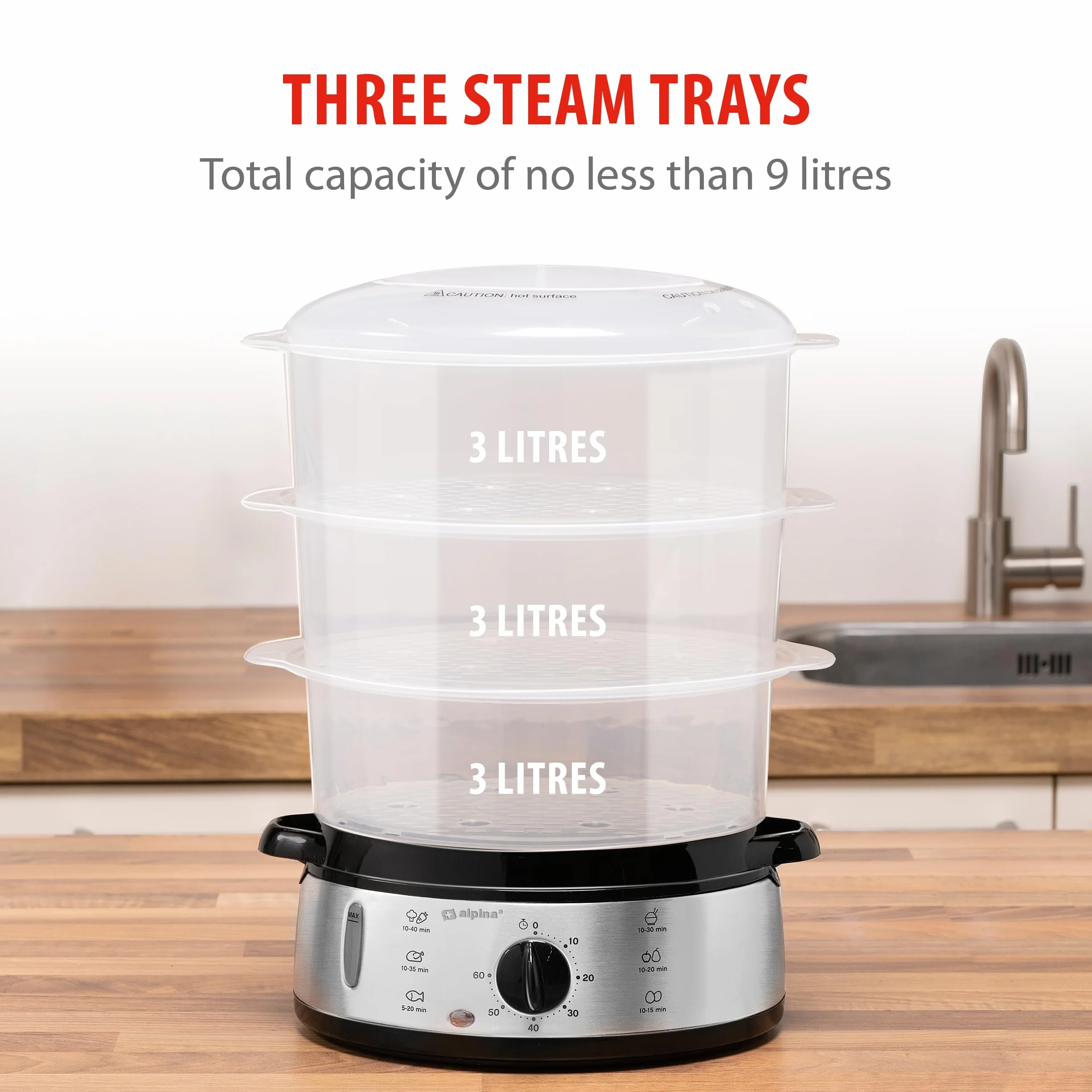 alpina Vaporeira Elettrica - Pentola a Vapore 800W - Steamer Vapore 3 Strati - Vaporiere Elettriche Senza BPA - Lavabile in Lavastoviglie - Da 0 a 60 Minuti - Capacità 9L - Grigio
