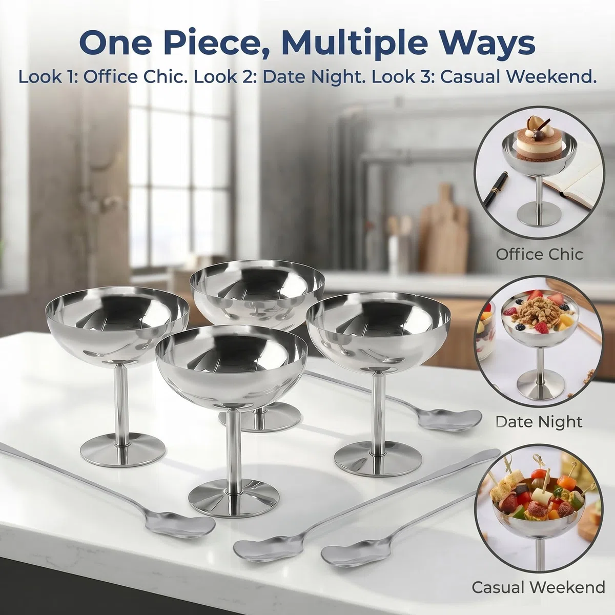 4 Pezzi Tazza per Gelato con 4 Cucchiaio Lungo, Ciotola per Gelato con Piede Ciotola Coppe da Gelato in Acciaio Inossidabile Piccole Ciotole da Dessert Riutilizzabili Bicchieri da Yogurt