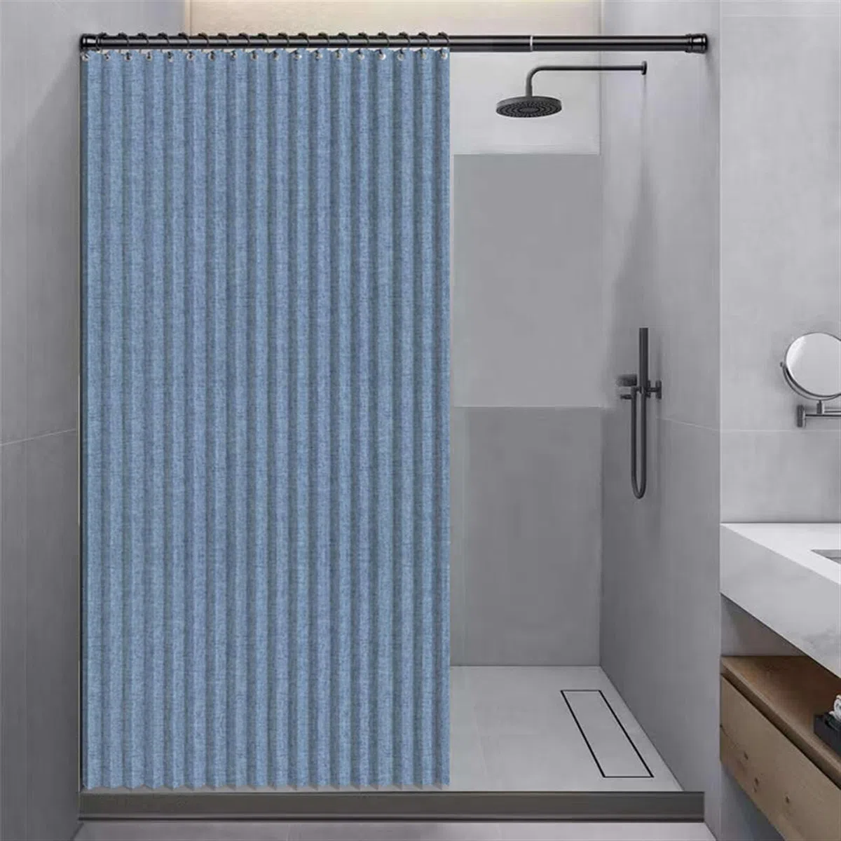 Tenda Doccia Impermeabile Pieghevole con Ganci, Magnetica Antispruzzo, Tenda da Doccia in Lino Antimuffa Resistente, Blu, 120x200cm
