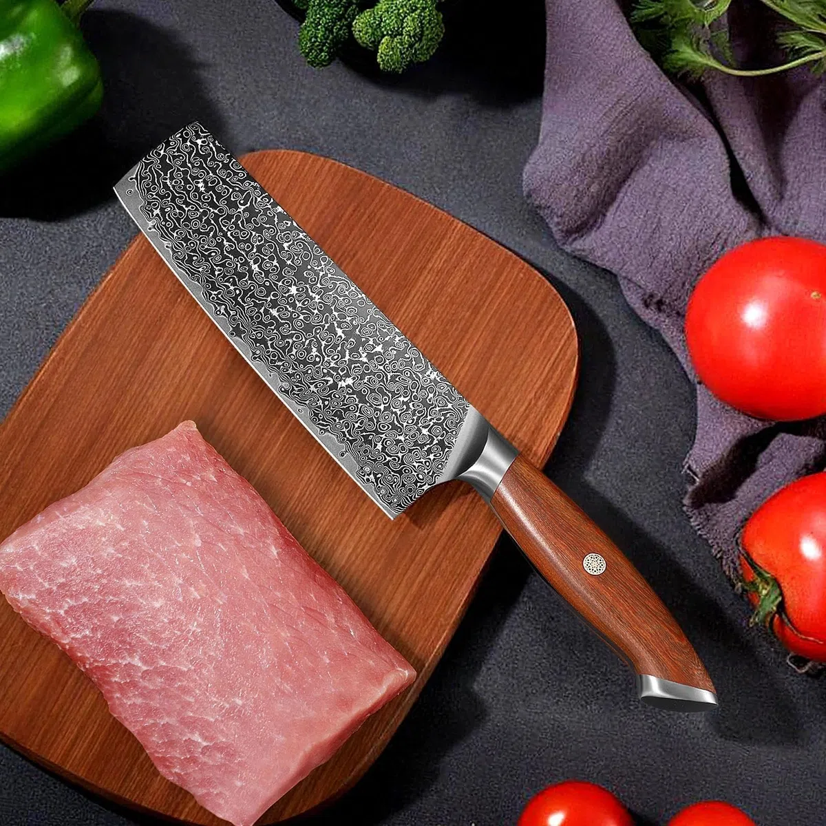 Freelander Coltello Nakiri Giapponese in Acciaio VG10 con Motivo Damasco, Coltello da Cucina Professionale con Manico in Legno, Ideale per Tritare, Affettare e Tagliare a Dadini