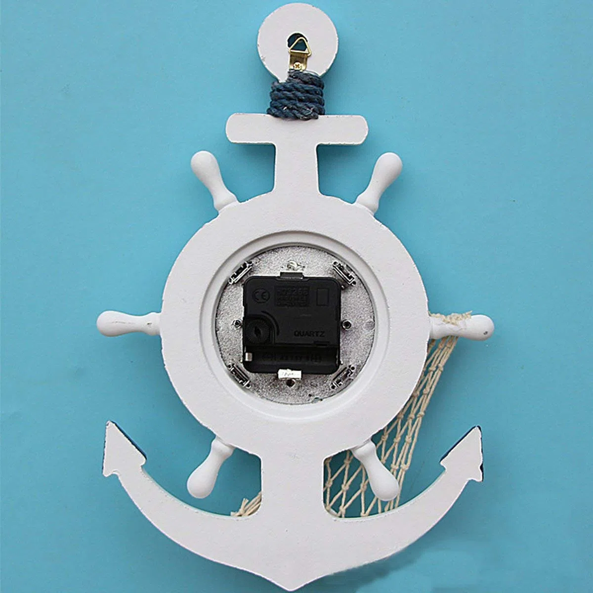 Orologio da parete per bambini, in legno, decorazione marittima, con timone, ancora, rete di pesce, stile shabby chic, decorazione da parete per soggiorno, camera da letto, cameretta dei bambini