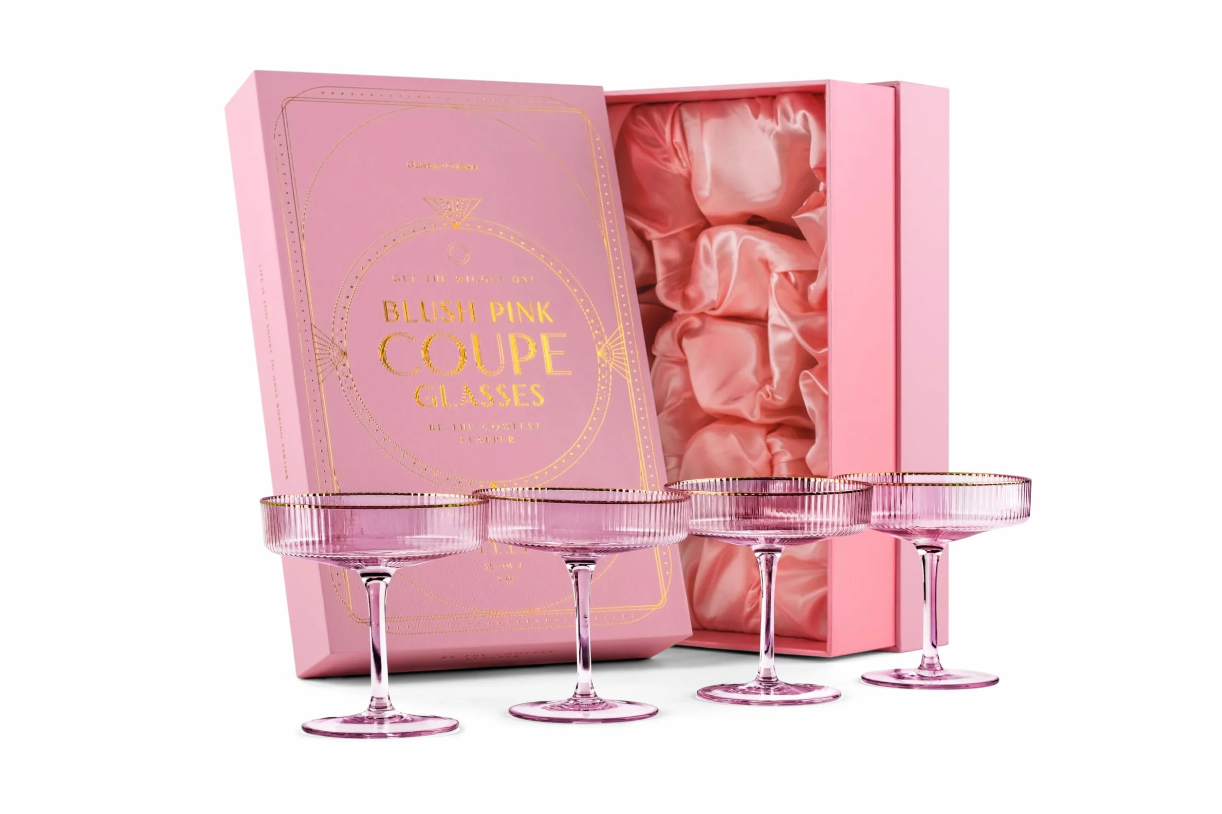 Set di bicchieri da cocktail vintage in stile Art Deco con nervature in delicato rosa con bordo dorato | Set di 4 | Bicchieri da 200 ml per cocktail di champagne, espresso martini, cosmopolitan
