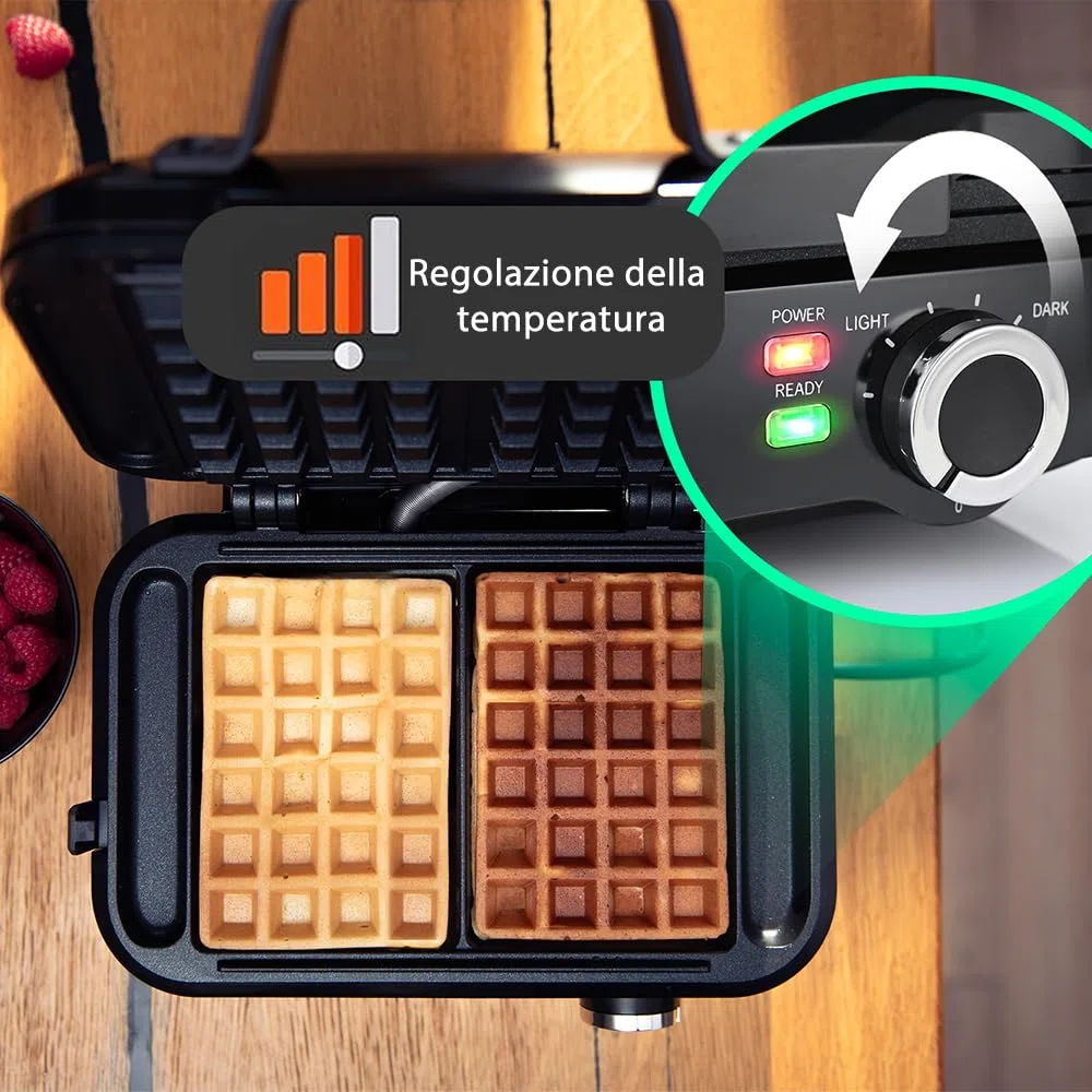 LEHMANN Piastra per Waffle Doppia, 1200W, Pronta in 3 Minuti, Regolazione della Temperatura fino a 240°C, Rivestimento Antiaderente, Pulizia Rapida e Facile, Waffle Spessi 12,5 x 8,5 x 2 cm