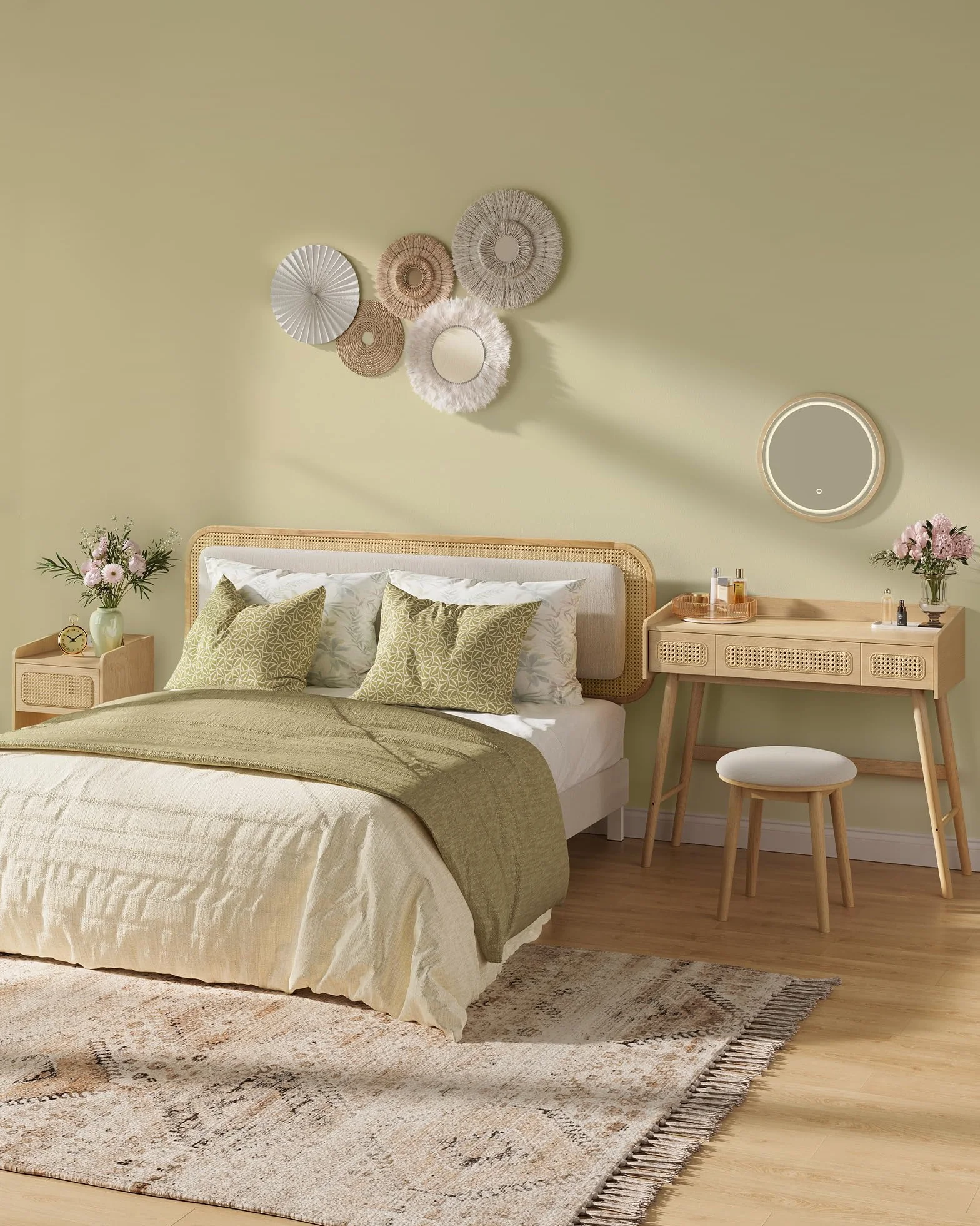SONGMICS HOME BOHOVEN Collezione - Sgabello per Toeletta e Trucco, Gambe in Legno, Poggiapiedi Rotondo, Cuscinetti Antiscivolo, per Camera da Letto, Bianco Crema e Beige Rovere