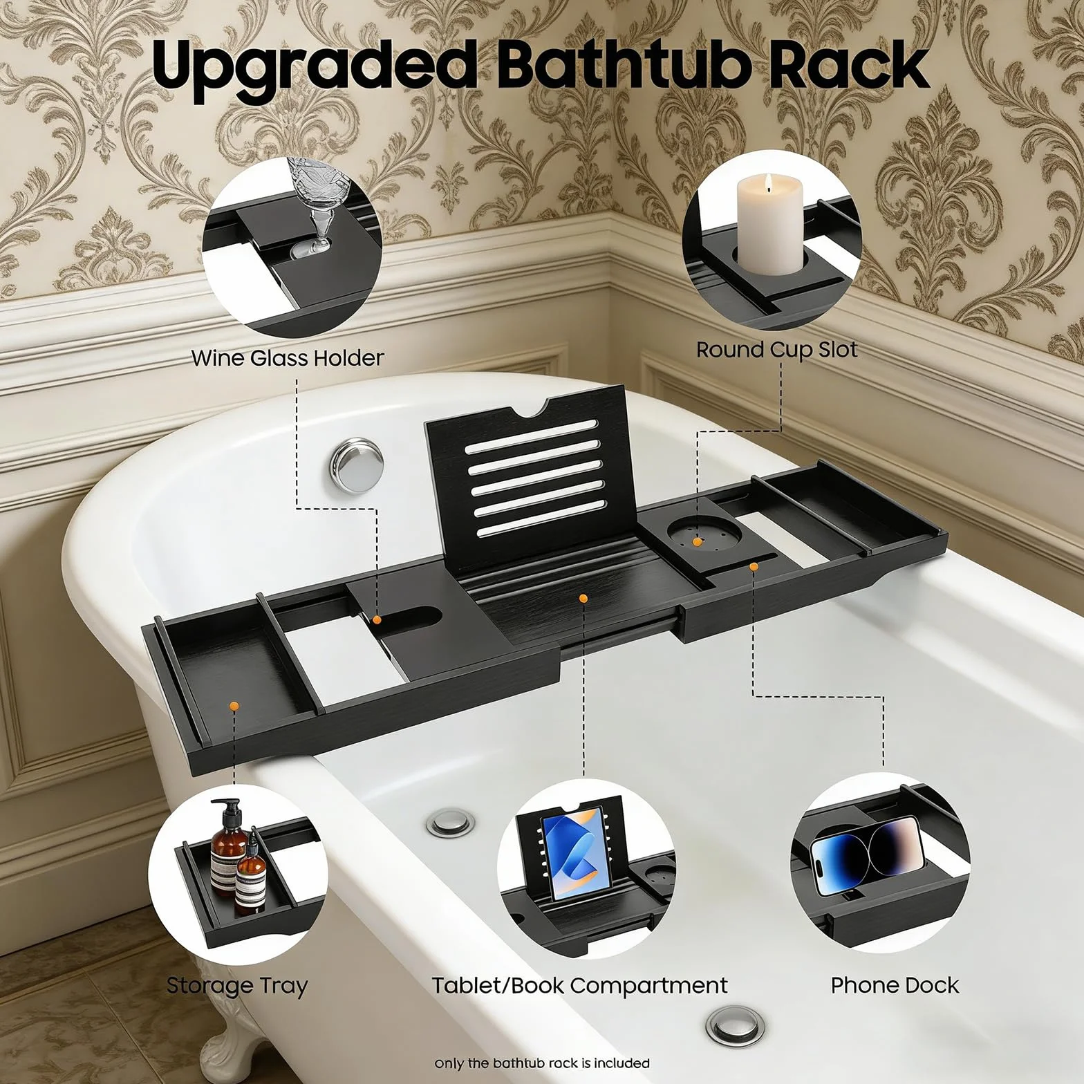 Mensola per vasca da bagno allungabile, in bambù, regolabile, lunghezza regolabile 75 – 111 cm, mensola portaoggetti per vasca da bagno (nero)