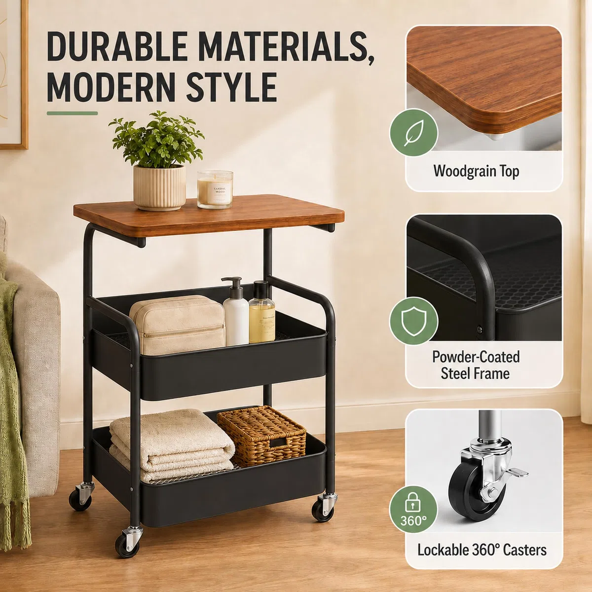 Carrello per libri a 3 livelli, carrello in metallo con pannelli a incastro e piano da tavolo, carrello da servizio per cucina, soggiorno, casa e ufficio, carrello da cucina con ruote