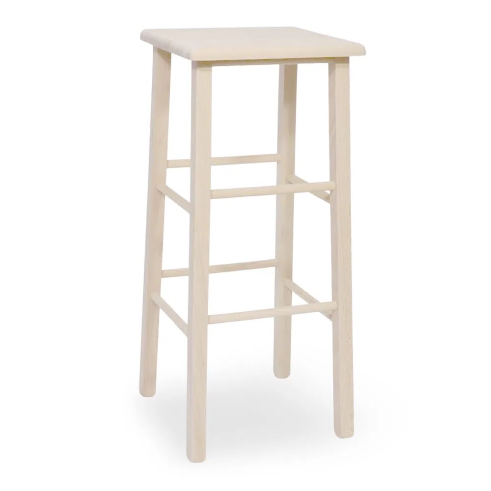 Sgabello Alto 73 cm in Legno Massello di Faggio Grezzo da Verniciare e Dipingere, Seduta Quadrata 31x31 cm — Pub, Pizzeria, Ristorante, Bar, Cucina — Già Montato — Made in Italy —