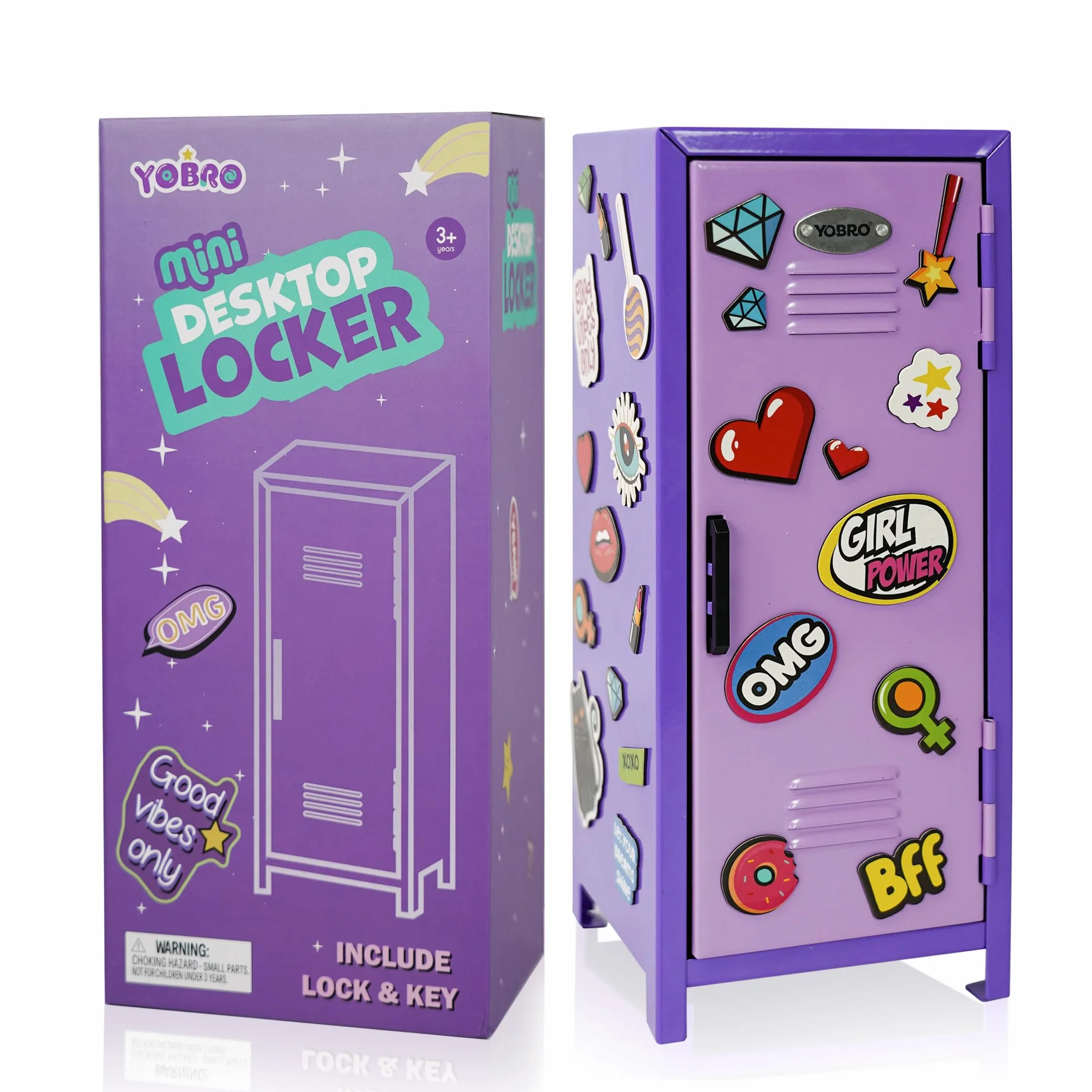 YOBRO Mini armadietto con serratura e 2 chiavi, 24 adesivi decorativi magnetici a tema ragazza, mini armadietti per bambini, armadietto in miniatura per scrivania, casa, camera da letto, viola e viola