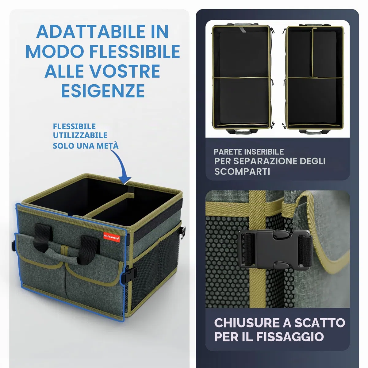 Heldenwerk Organizer per bagagliaio con coperchio stabile e antiscivolo Borsa pieghevole grande doppio fondo Scatola