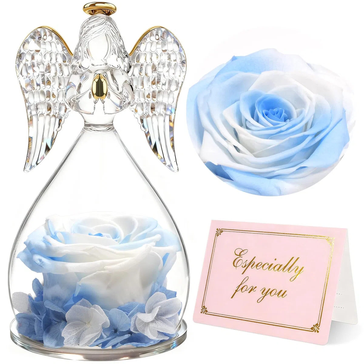 Yamonic Rosa Eterna Regalo Donna, Rosa Stabilizzata con Angelo di Vetro Regalo Mamma Compleanno, Angeli Custodi Regali Nonna, Statuette Angeli con Fiori Eterni Festa della Mamma Idee Regali Natale