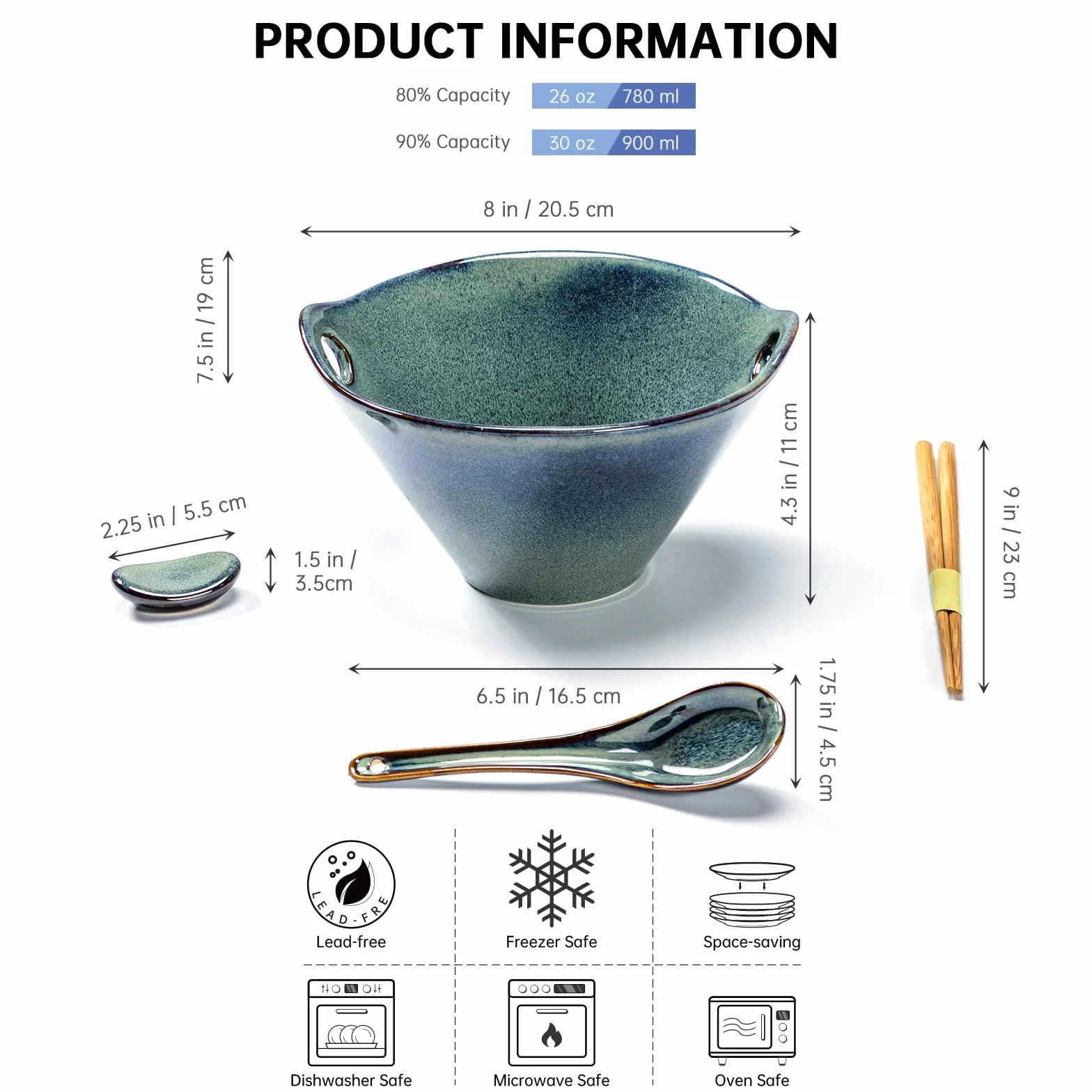 Set Ramen Bowl con Bacchette, Ciotola Ramen Ceramica Giapponese, Tazze da Consommé Insalatiere Stoviglie asiatiche per lavastoviglie e forno a microonde