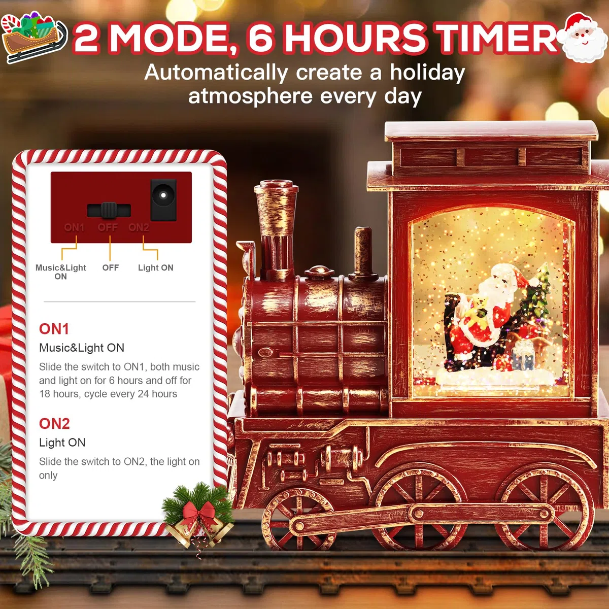 IPOW Lanterna di Babbo Natale a forma di treno con glitter vorticosi d'acqua, musicale e illuminato, timer di 6 ore, alimentato tramite USB e funzionamento a batteria, per Natale, decorazione per la