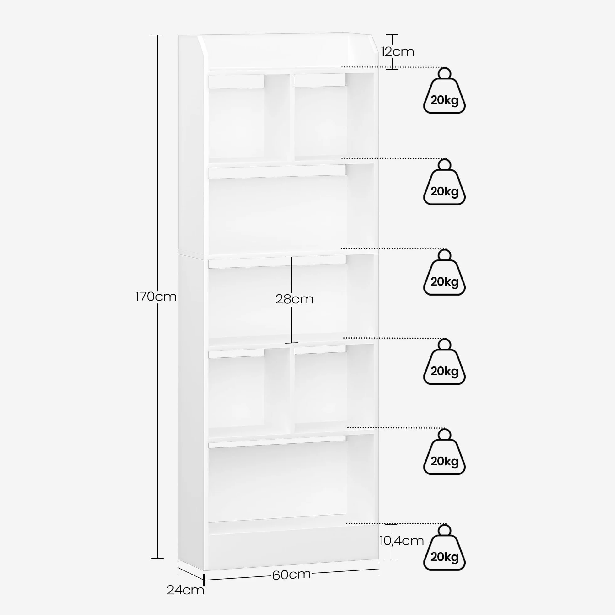 Hzuaneri Libreria a 6 Ripiani, Scaffale con Scomparti e Ripiani Aperti, Organizzatore, Libreria Verticale Mobiletto Multiuso per Soggiorno, Studio, 24 x 60 x 170 cm, Bianco BC11103X