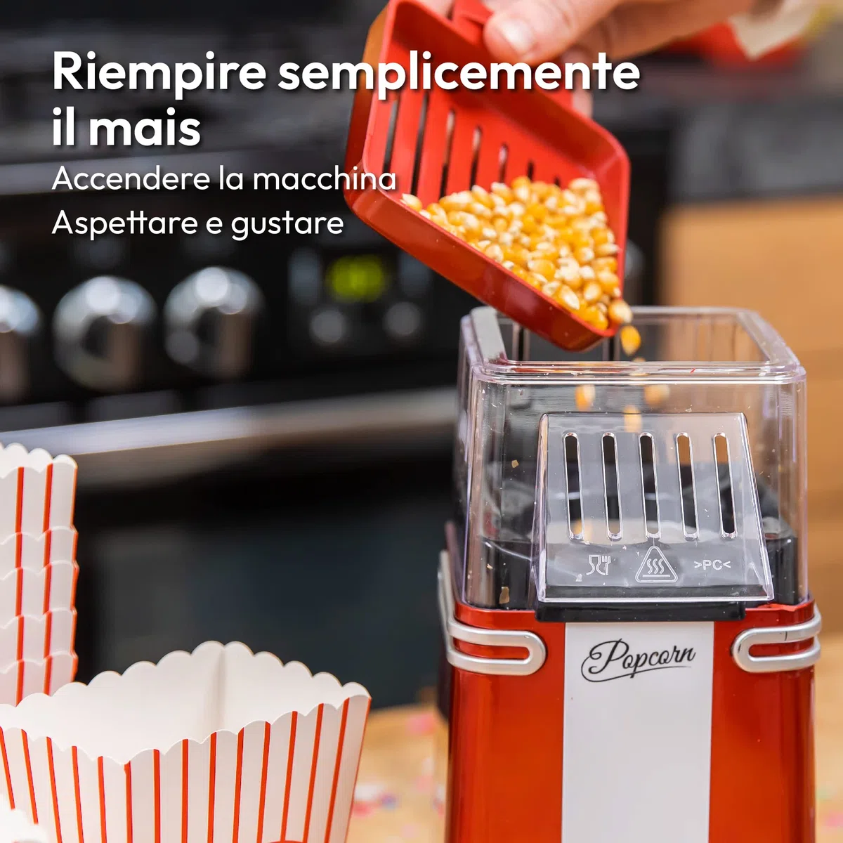 Gadgy Macchina Popcorn | Macchina per Pop Corn ad Aria Calda l Preparazione Salutare, Senza Olio o Grassi l 1200W Macchina Pop Corn con Misurino e Coperchio Superiore Rimovibile l Rosso Retrò