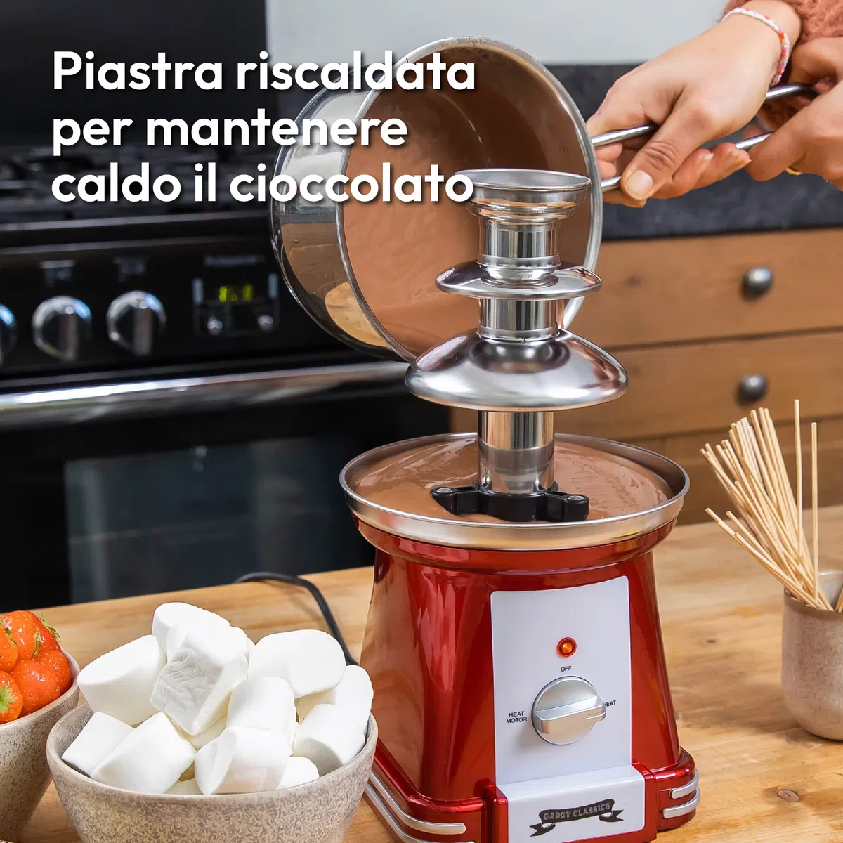 Fontana di Cioccolato Gadgy a 3 Livelli | Fonduta di Cioccolato in Acciaio Inox | Design Retrò Rosso | Capacità 750g | Riscaldamento 90W | Cascata per Feste, Compleanni e Eventi
