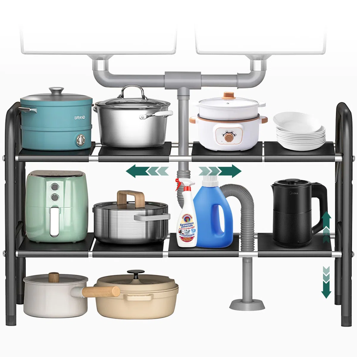 Organizer Cucina – Dimensioni Regolabili da 49 x 25 x (52,5~88) cm, Ripiano Estensibile Sottolavello in Acciaio Inox, Organizzatore Sottolavello Cucina (8 Pannelli)