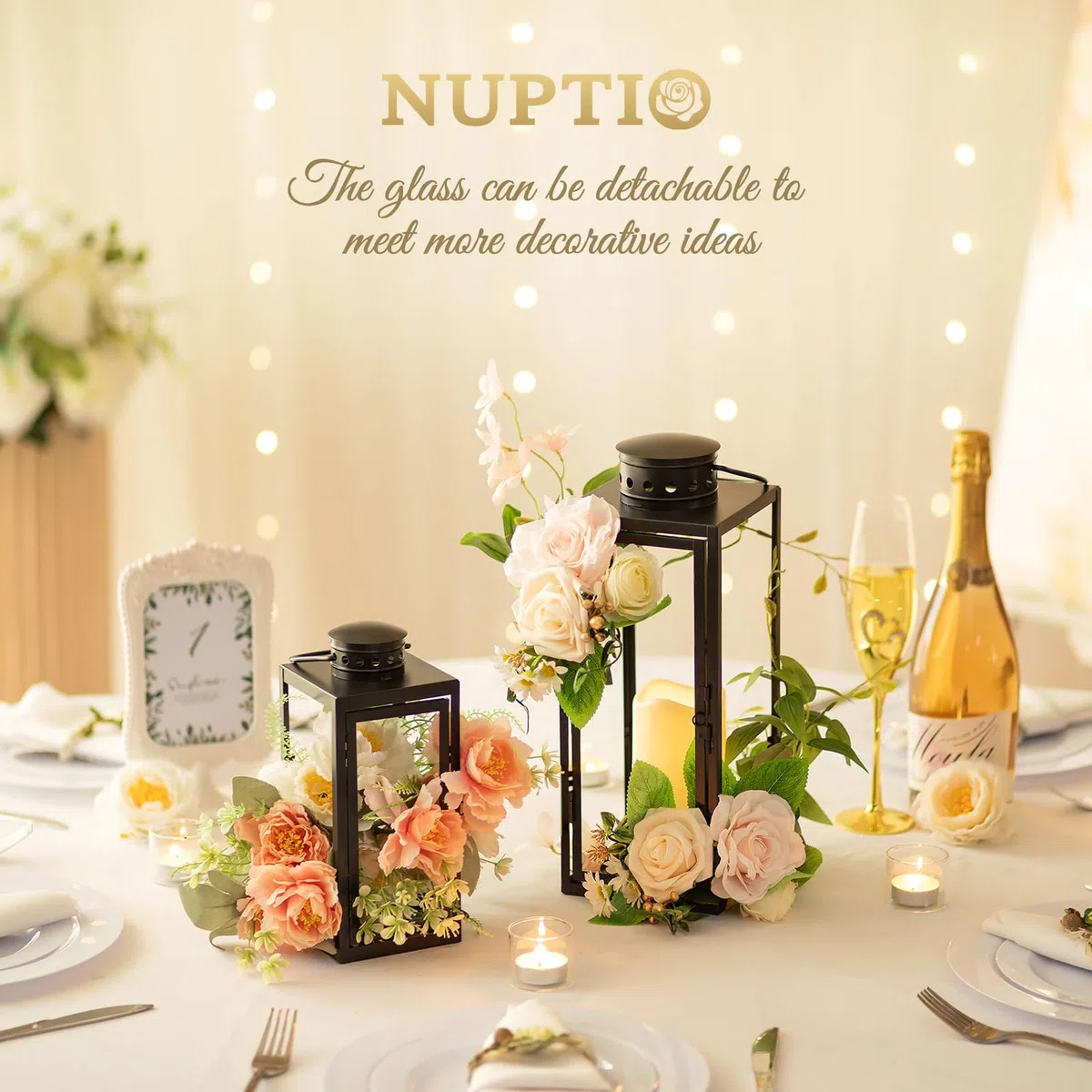 NUPTIO Lanterna per Candele All'aperto Nero: 35cm Alto Garden Candle Lanterns Indoor Hanging Decorative Memorial Metallo Vetro Fuori per Soggiorno Natale Halloween Matrimonio Centrotavola