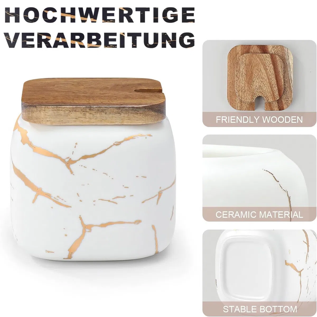 Set Zuccheriera in Ceramica, 3 pz Condimento Box con Coperchio e Cucchiaio e Vassoio, Jar, Scatola, Barattolo Utensili da Cucina Forniture per Spezie, Bianca