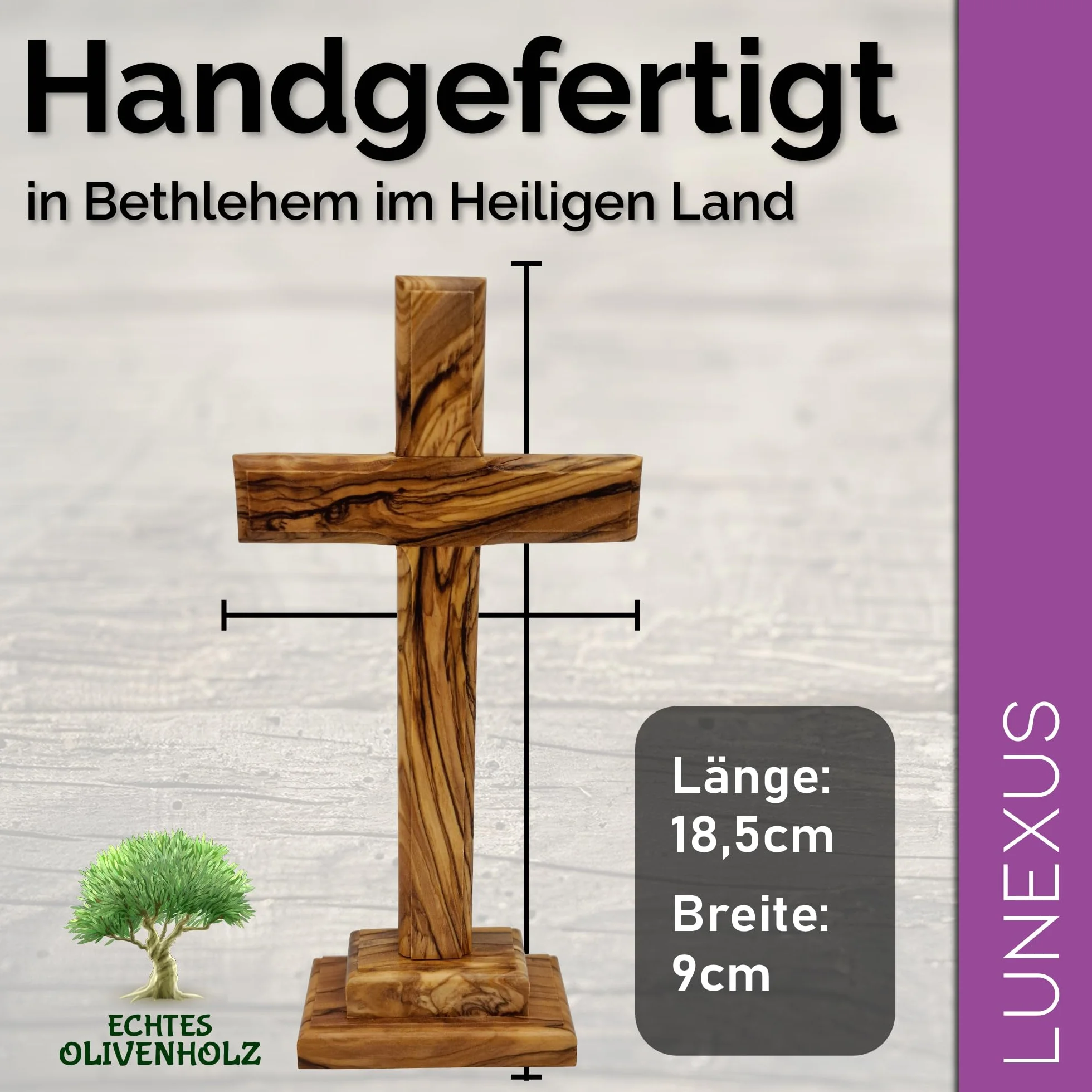 Lunexus Croce in legno d'ulivo, 18,5 cm, realizzata a mano in Betlemme, benedetta con certificato di consacrazione, croce da tavolo con supporto, regalo per battesimo, comunione, cresima, decorazione