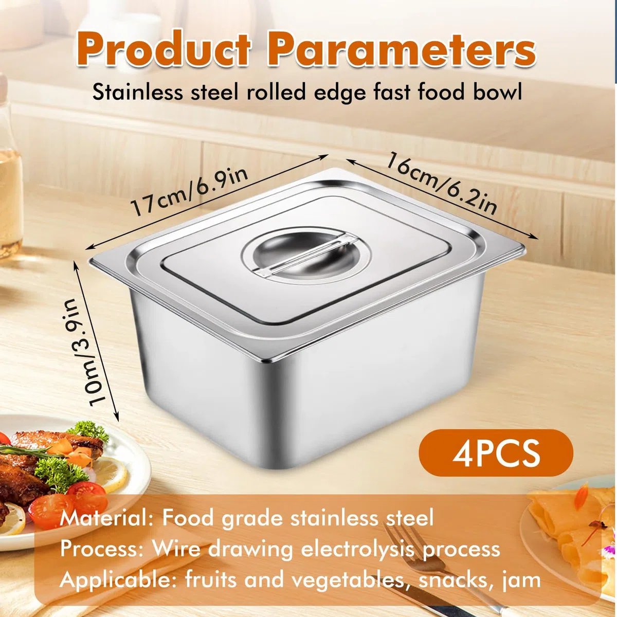 4 Pezzi Vassoio in Acciaio Inox,Teglia Forno Rettangolare con Coperchio,Contenitori per Alimenti Inox,Ciotole per Impanare Inox,Vassoio Acciaio Inox per Marinare Carne,Cotoletta, GN 1/6,17,5x16,5x10cm