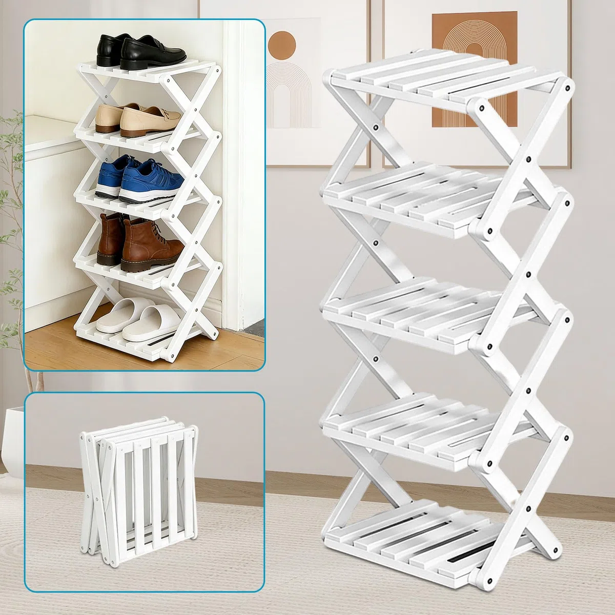 Scarpiera pieghevole, in bambù, piccola scarpiera verticale, per corridoi, soggiorno, piccoli spazi e angoli, non richiede installazione (bianco, 5 piani)