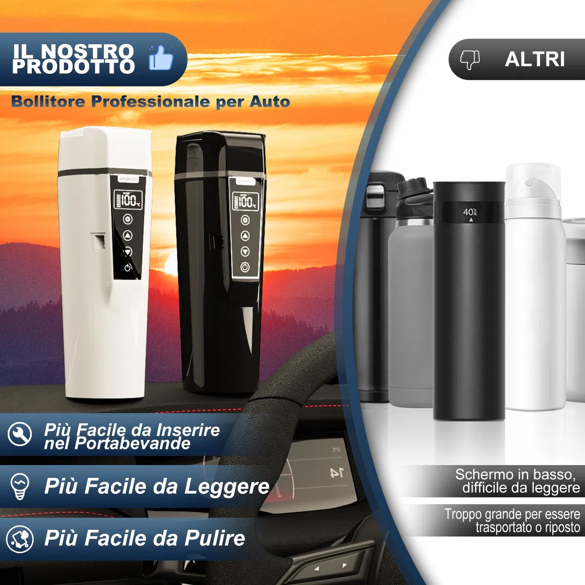 Bollitore Elettrico Portatile per Auto 24/12v, Bollitore da Viaggio con Accendisigari per Auto e Camion, Bollitore Elettrico per Auto con Temperatura Regolabile, Spegnimento Automatico, 450ml