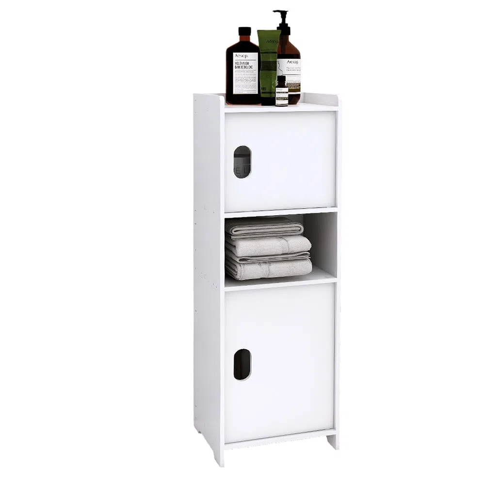 HUOLE - Armadietto per bagno, piccolo mobile di stoccaggio per toilette, armadio per toilette con porta spazzolino WC, mobile da bagno autoportante in legno, 24 x 20 x 72 cm - Bianco