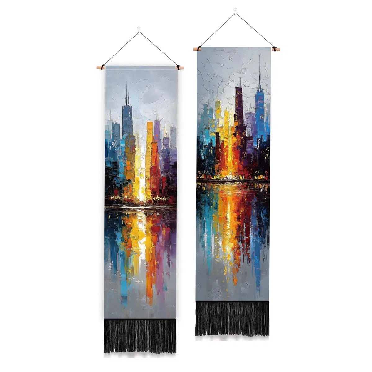 PLIGREAT Confezione da 2 arazzi moderni con dipinti ad olio dipinti a mano, paesaggio urbano lungo con nappe, arazzo decorativo estetico verticale, per camera da letto, soggiorno, decorazione della