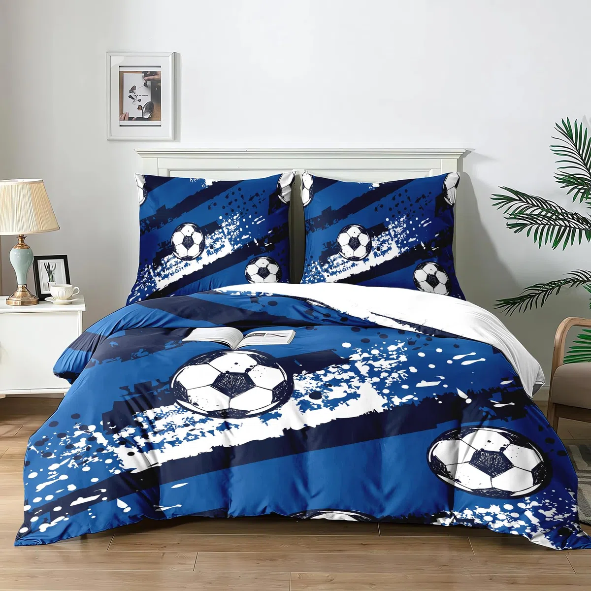 Set copripiumini e federe per bambini Calcio (200x200cm + 2 federe 65x65cm) - Lenzuola in microfibra, lavabile in lavatrice, chiusura lampo, design stampa 3D.(F4×200)