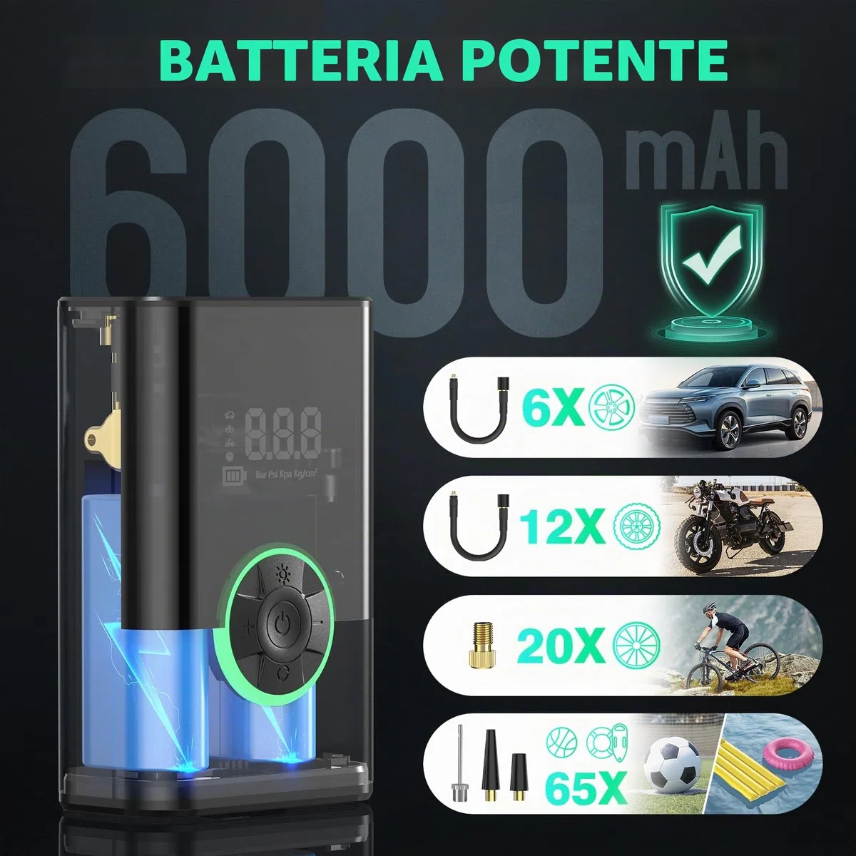 6000mAh Pompa ad Aria Elettronica Portatile, 150PSI Pompa per Bicicletta Elettrica, Compressore d'Aria Portatile Senza Fili, Compressore d'Aria Elettrico Portatile, Pompa per Auto, Nero