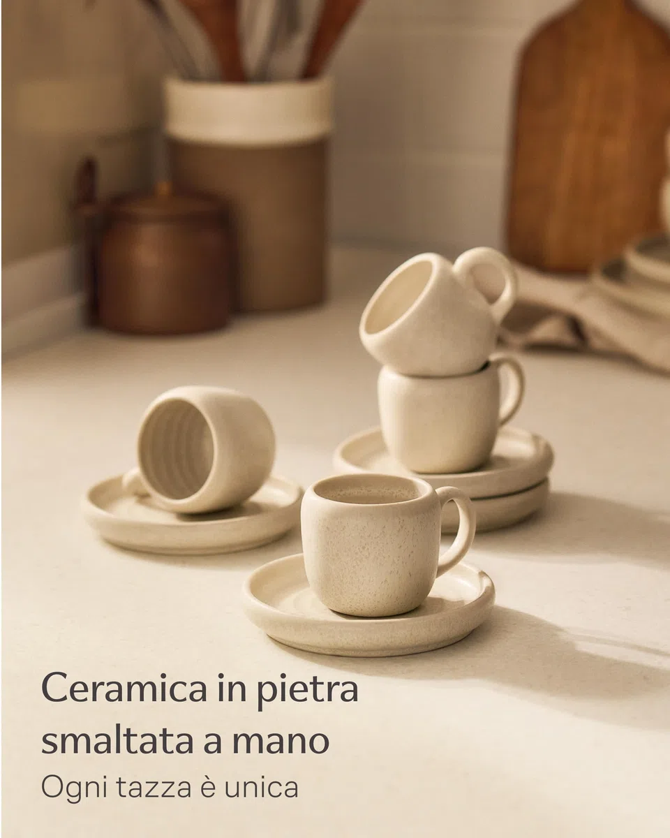 Cosumy Set di 4 Tazzine da Caffè Espresso con Piattini Bianche – Tazze 90 ml in Ceramica – Mantiene il Calore Più a Lungo – Tazzine Eleganti con Smaltatura Artigianale – Set Tazzine Caffe