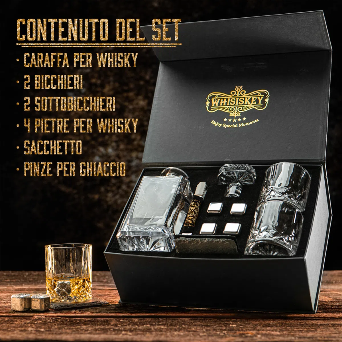 Whiskey Decanter per Whisky - Set Regalo per Uomo al Compleanno - Decanter 700ML, Scatola Regalo, 2 Bicchieri da Whiskey x 310ML, 4 Pietre di Whisky, Accessori