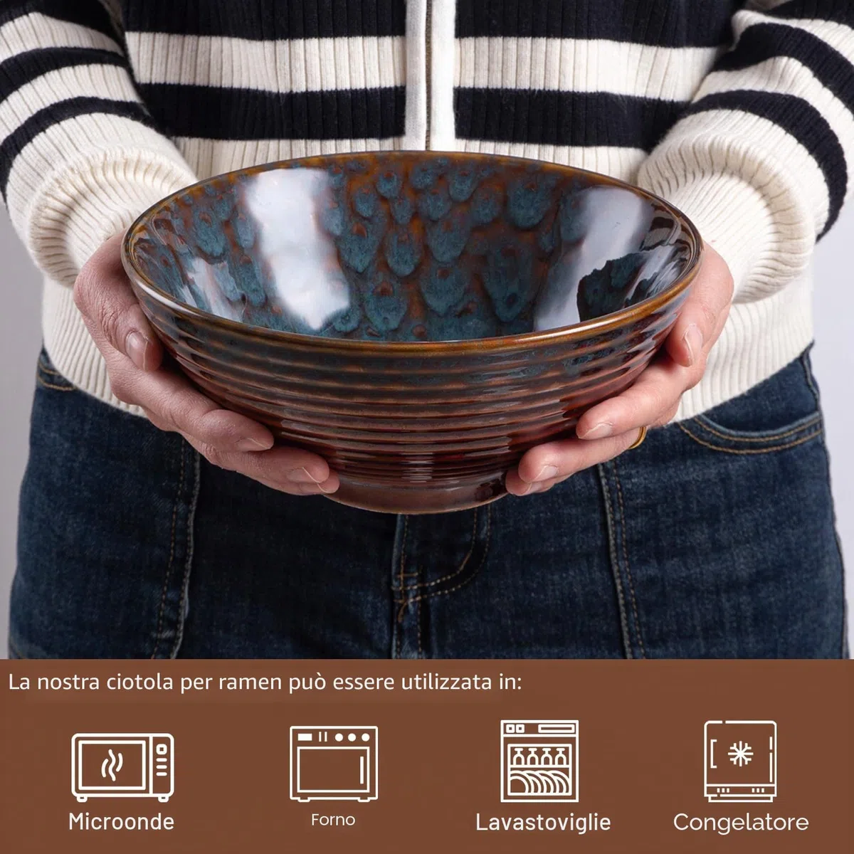 Set di 2 Ciotole Ramen Bowl Giapponesi in Ceramica per Ramen, Da 1200 ml, Con Cucchiai e Bacchette, Coda Di Pavone
