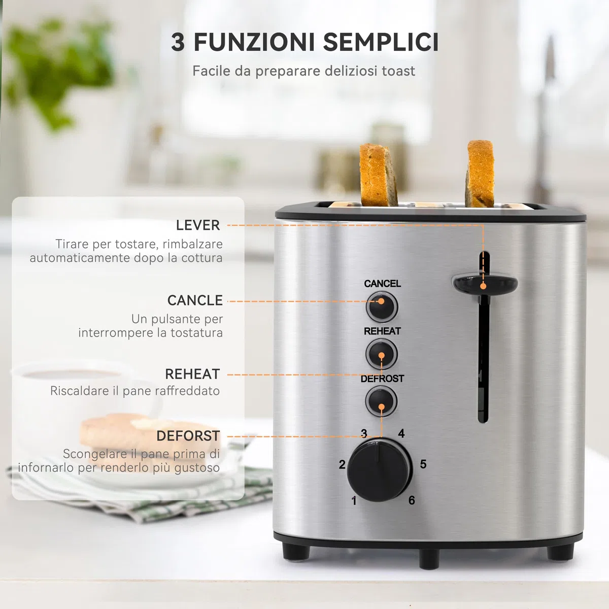KitchenBoss Tostapane in Acciaio Inox：Tostapane per 2 fette con Pinze, 6 Livelli di Tostatura, con Cassetto Raccoglibriciole e Griglia per il Pane, Funzione di Spegnimento Auto e Sbrinamento, 870 W