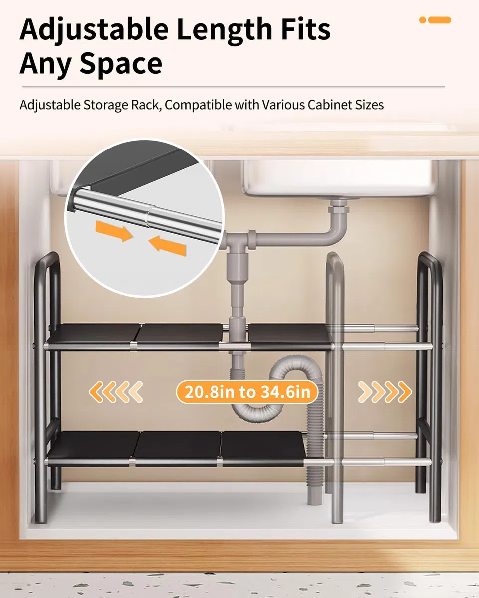 Organizer Cucina – Dimensioni Regolabili da 49 x 25 x (52,5~88) cm, Ripiano Estensibile Sottolavello in Acciaio Inox, Organizzatore Sottolavello Cucina (8 Pannelli)