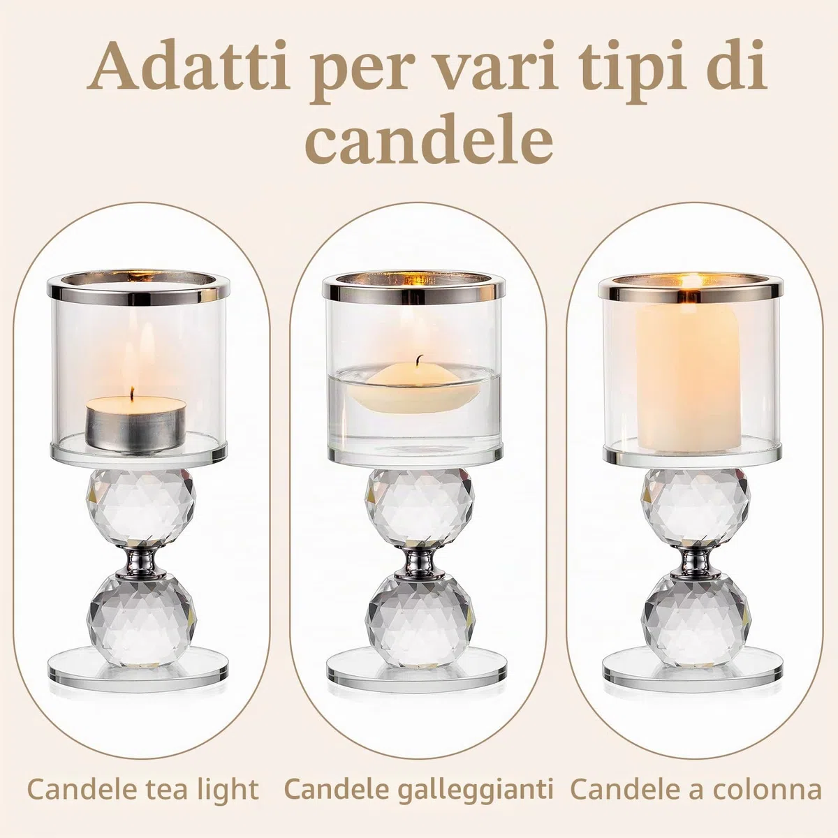 Sziqiqi Portacandele a Colonna in Cristallo, Set di 2 Candelieri in Vetro Trasparente, Candelabri Centro Tavola Moderno per Soggiorno Matrimonio Porta Candele per Decorazione Natalizia, Argento