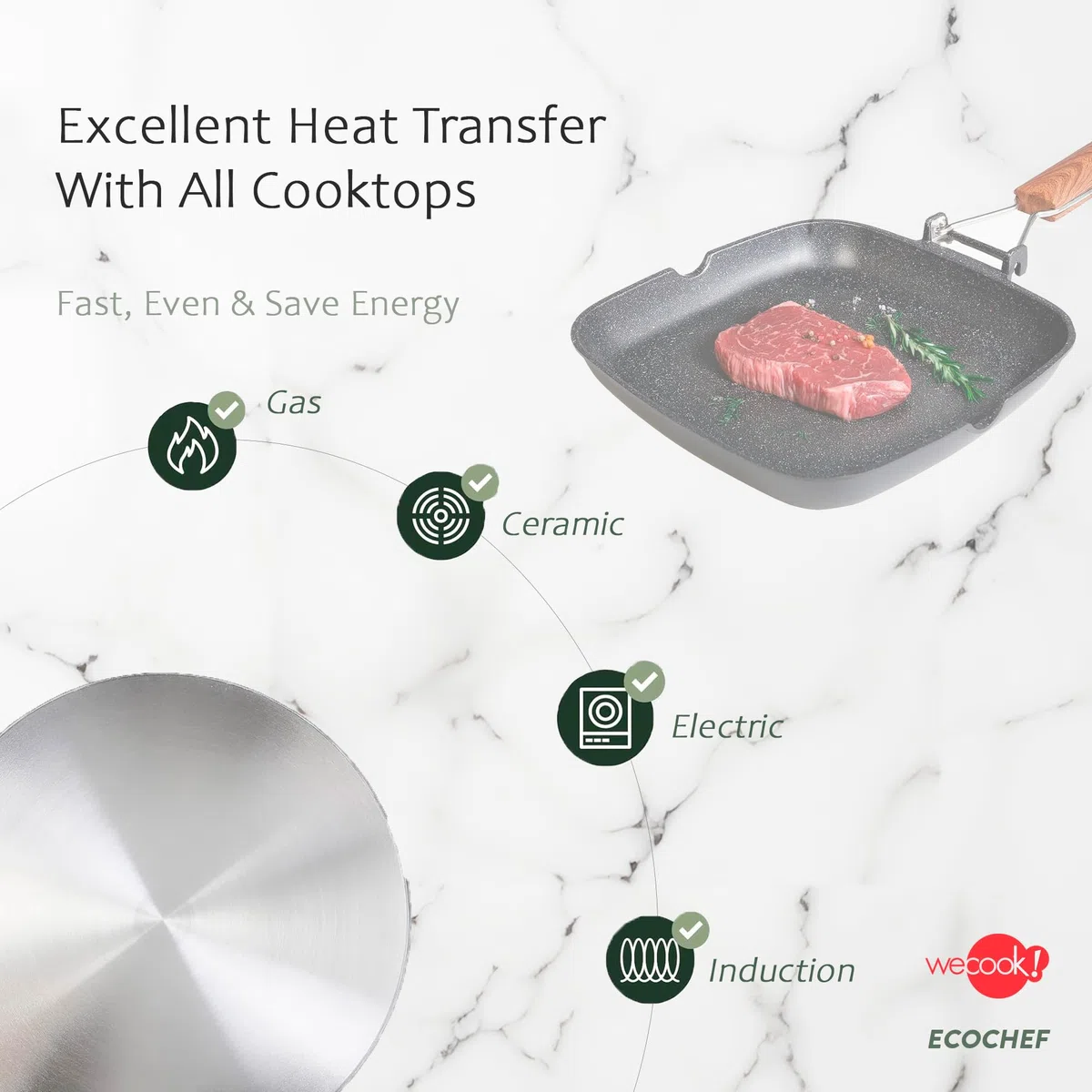 WECOOK! Ecochef Titanio Bistecchiera Liscia, Induzione, 24x24cm, Antiaderente QUANTANIUM Ecologico senza PFOA, Alluminio Fuso, 5mm di Spessore, Manico in Legno Pieghevole, Vitroceramica, Gas