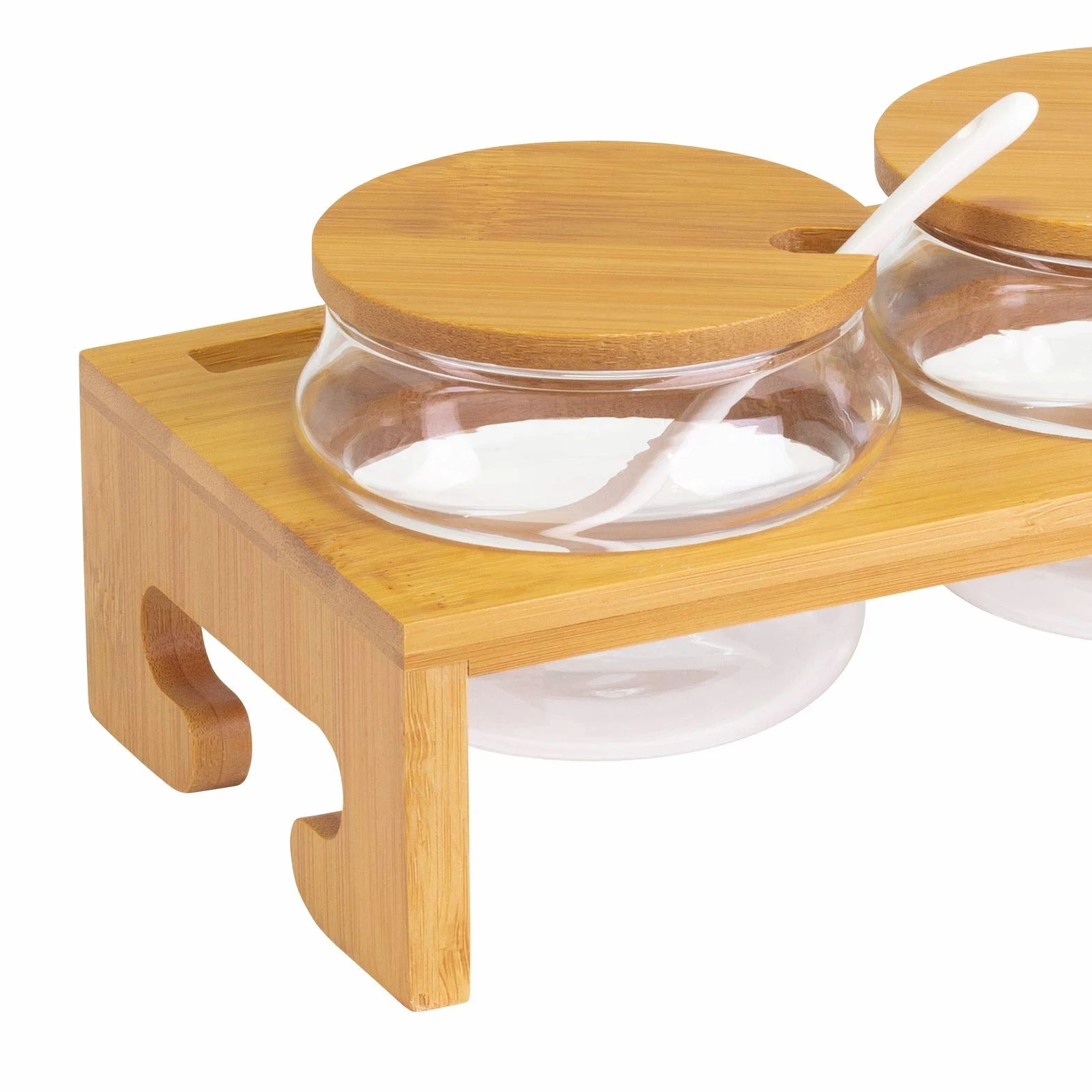 Westmark Set per marmellate/spezie, 13 pz., 1 base + 4 contenitori + 4 coperchi + 4 cucchiai, Larghezza: 38,5 cm, Bambù/Vetro/Ceramica, Tapas + Friends, Marrone chiaro/Bianco, 69902260