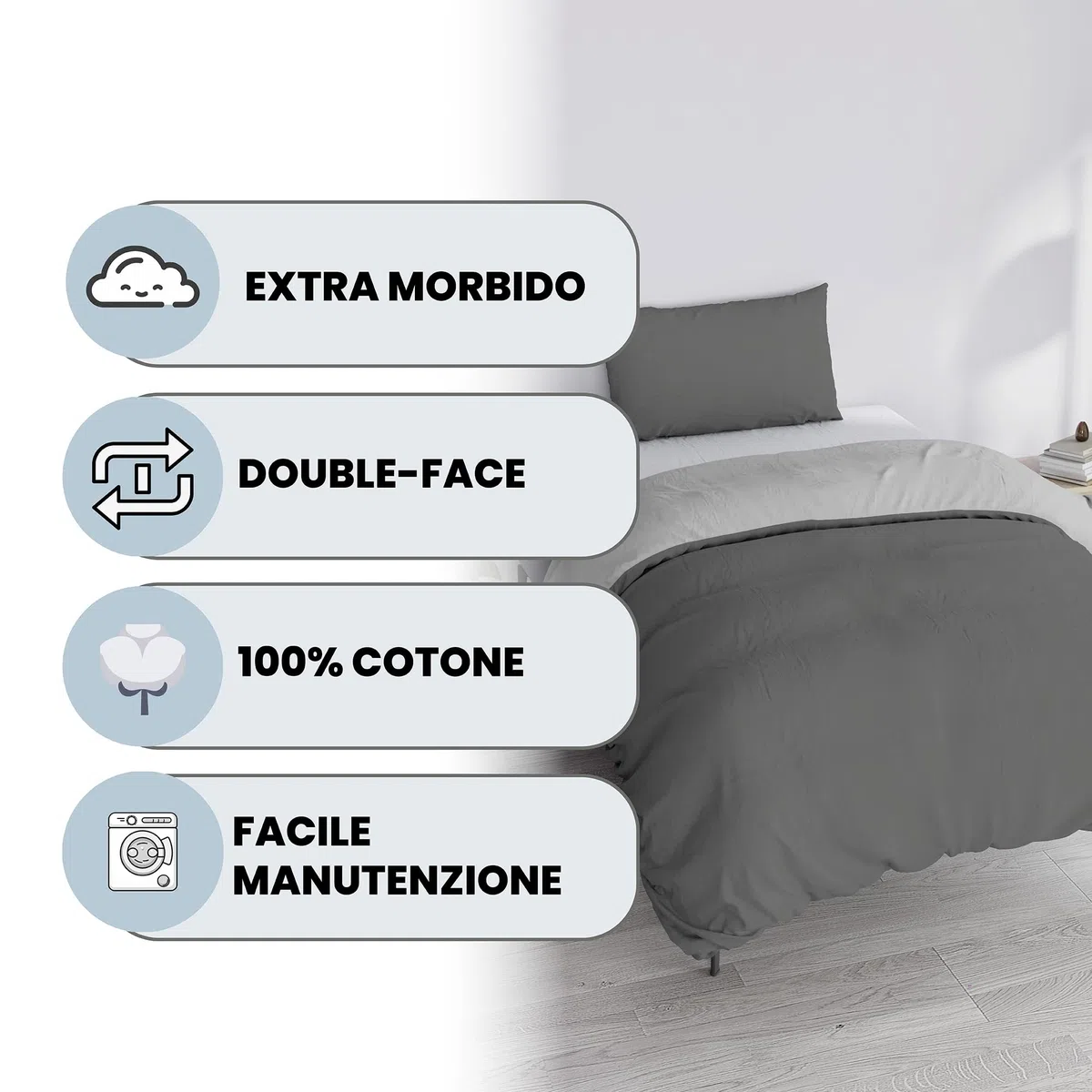 Set Copripiumino 100% Cotone Natural Color, Made in Italy - Parure Copri Piumino - Sacco Piumone 200x200 cm con Doppia Patella e Federa Cuscino, Piazza e Mezza, Grigio Scuro/Grigio Chiaro