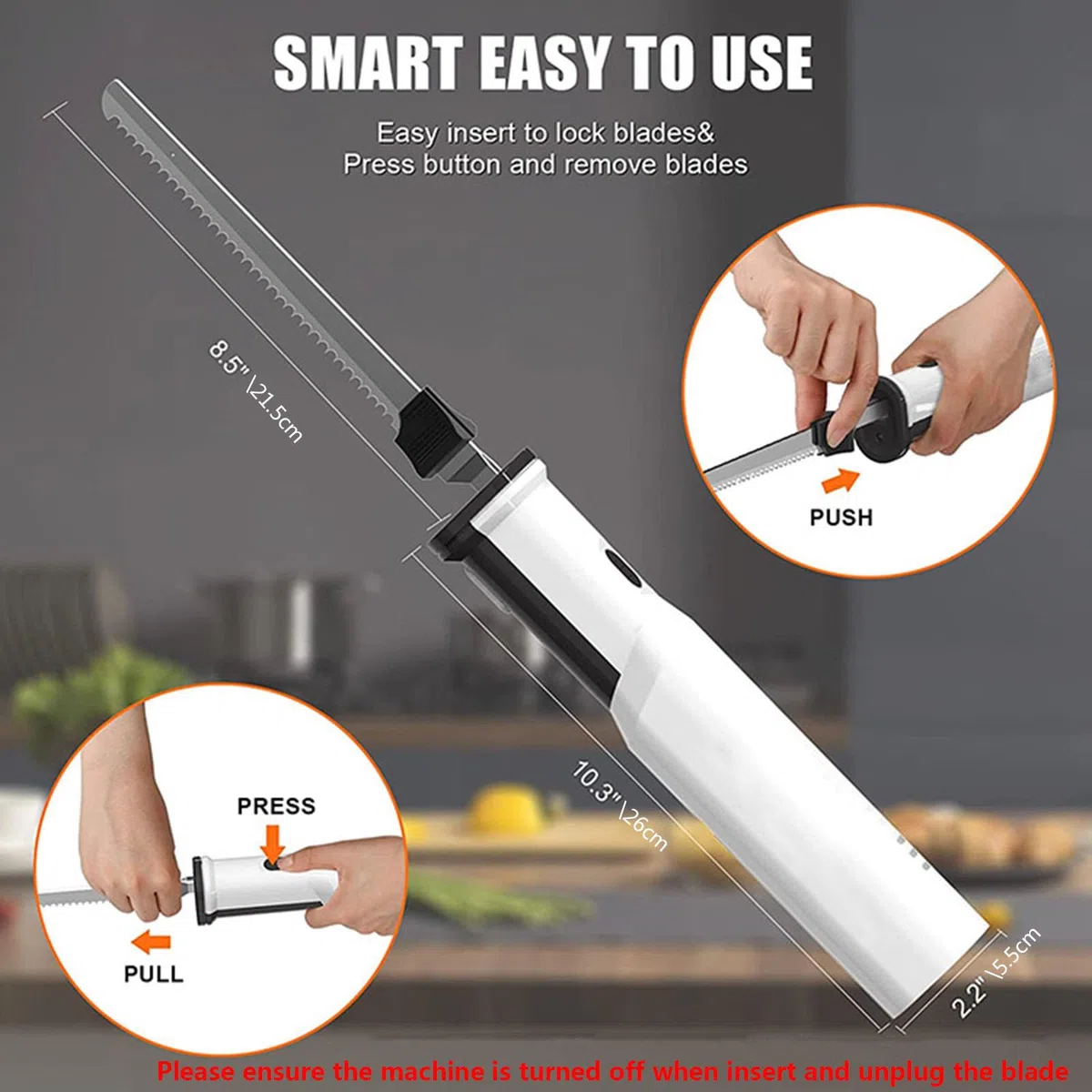 Coltello da intaglio elettrico, Coltello da pane ricaricabile a batteria, Coltello da bistecca portatile con due lame in acciaio inossidabile Rilascio di trigger di blocco di sicurezza per pane